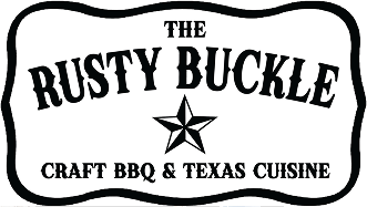 Logo with text "The Rusty Buckle" above a star, followed by "Craft BBQ & Texas Cuisine" in a stylized frame.