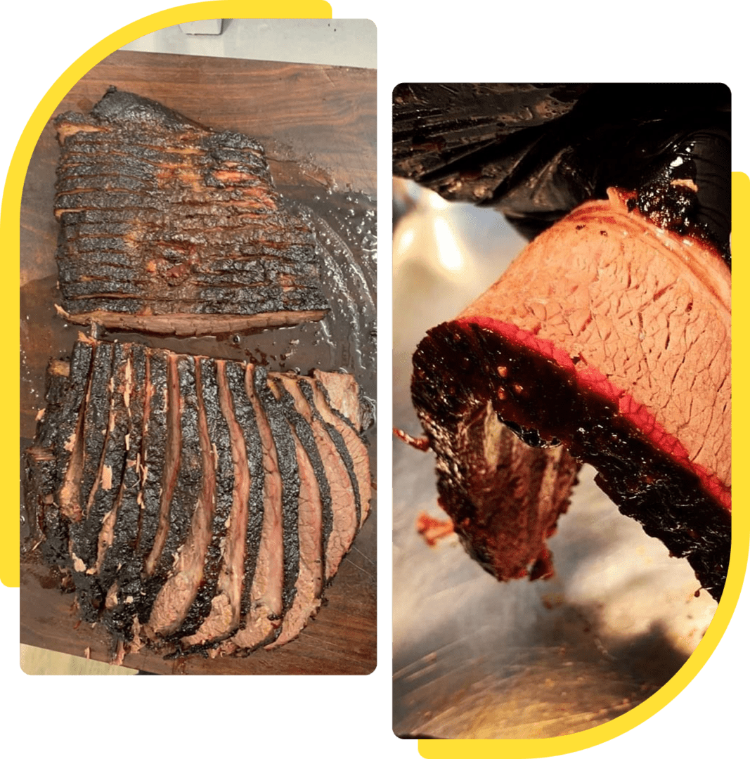 Group 1321316685 Two images of sliced, smoked meat with a dark, charred crust showcase the interior's pinkish hue. Perfect for your next gathering, these tender slices from our BBQ catering service are artfully arranged on a wooden surface.