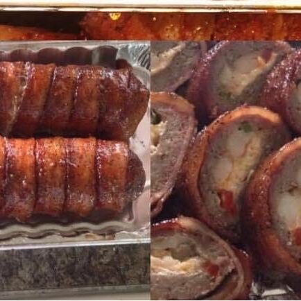 20210310_032520683_iOS Two foil trays filled with bacon-wrapped rolls, one side displaying them whole and the other sliced, revealing a savory stuffing of vegetables and crumbled ingredients—perfect for elevating any BBQ catering service.